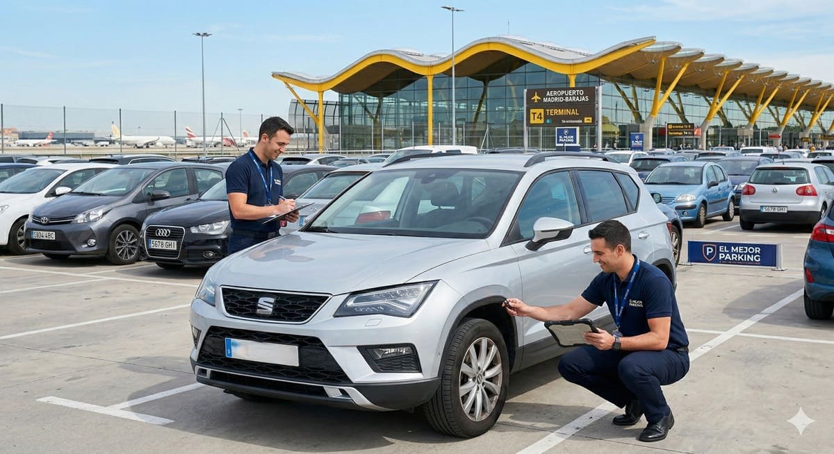 Operarios de Rayos Parking realizando una inspección técnica del exterior de un SUV Seat Ateca en el parking descubierto de Madrid-Barajas T4.